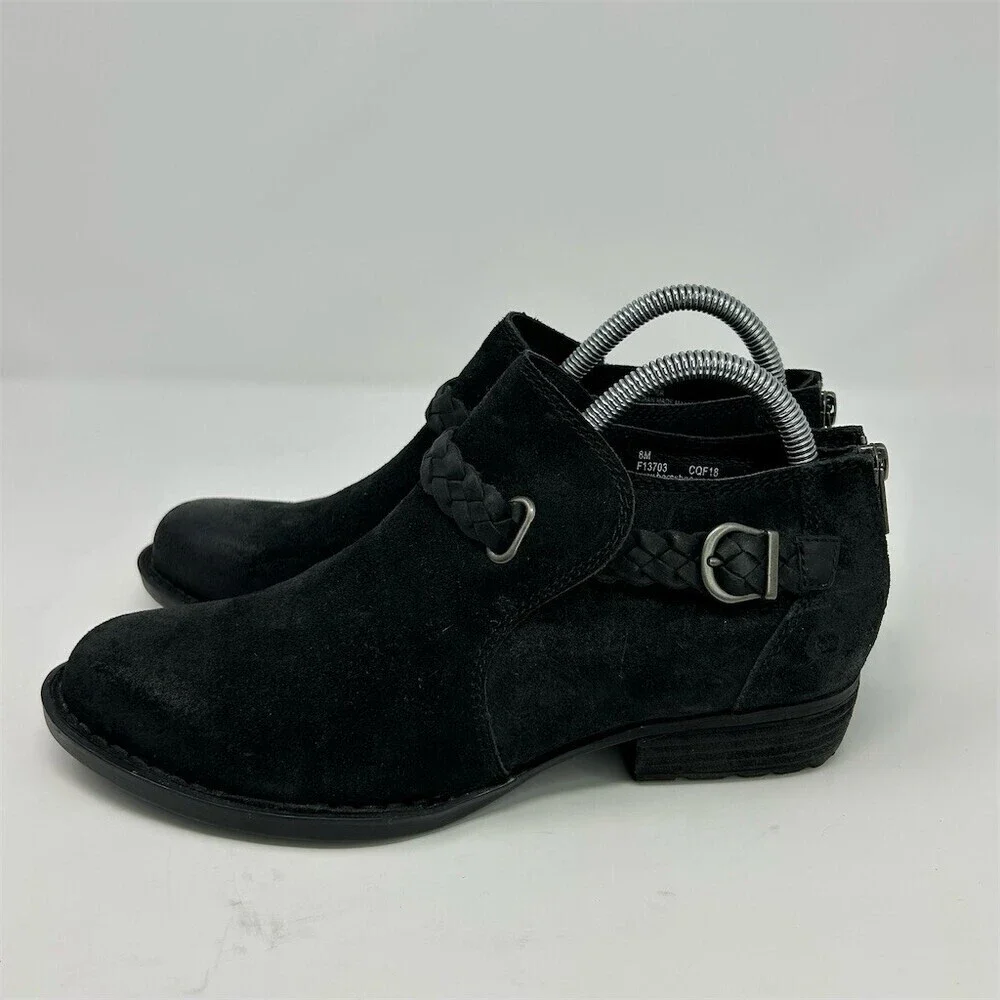 Born Sylvia Ankle Heeled Booties Black Braided Strap Buckle Back Zip Size 8
